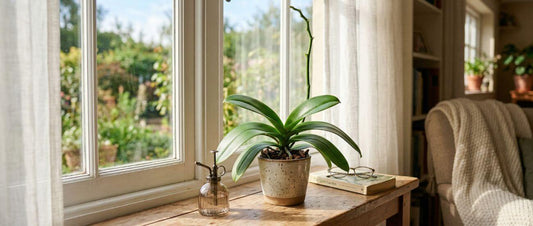 A healthy green plant resting after a potted orchid drops its flowers on a bright windowsill.
