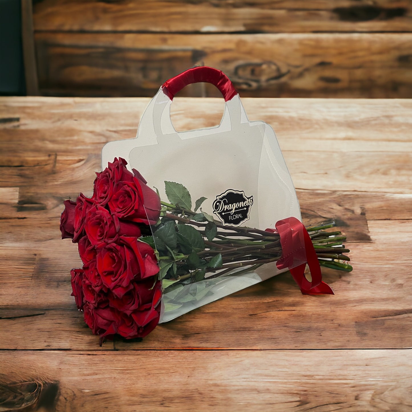 Red roses purse flowers bouquet